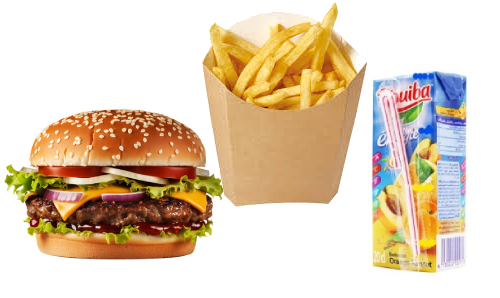 Burger Chicken, Mini Barquette de Frites, Jus Rouiba 